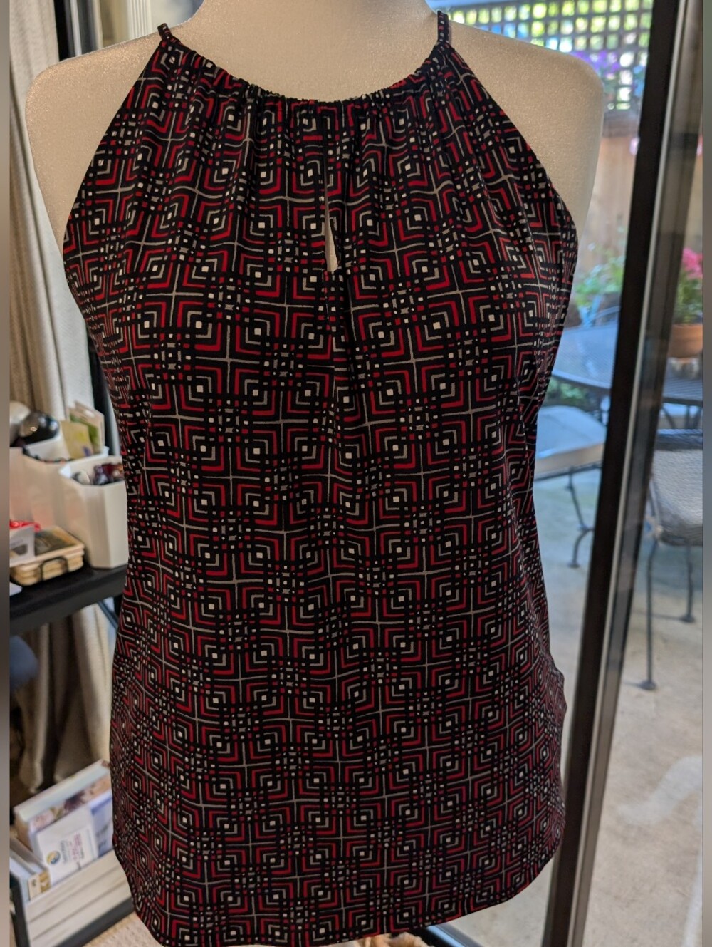 Banana Republic Black & Red Geometric Print Halter Tie Back Tank Top